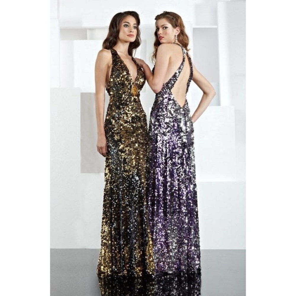 Xcite Sequin Halter Prom Dress 30134 Black/Gold